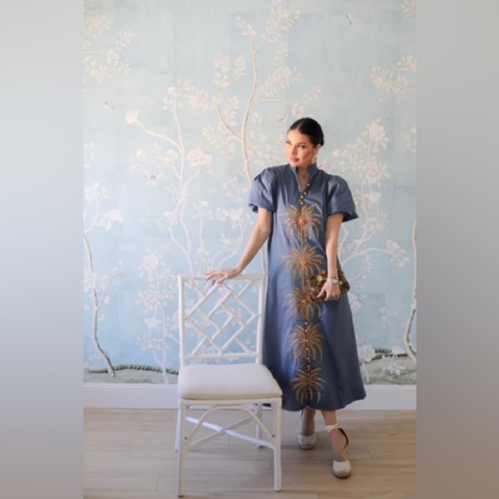 MESTIZA Elliana Gold Palm Embroidered Cotton Poplin Midi Dress in Blue Sz M $475 - Picture 15 of 16